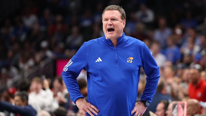 Mar 13, 2025; Kansas City, MO, USA; Kansas Jayhawks coach Bill Self reacts to game play during the second half against the Arizona Wildcats at T-Mobile Center. Mandatory Credit: William Purnell-Imagn Images