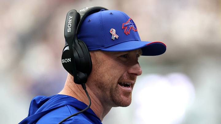 Sep 13, 2026; Houston, Texas, USA;  Buffalo Bills head coach Joe Brady looks on during the first half against the Houston Texans at Reliant Stadium.  Mandatory Credit: Thomas Shea-Imagn Images
