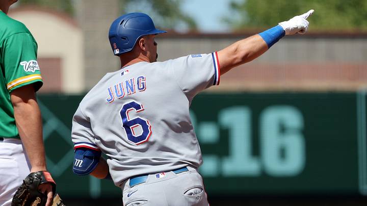 Apr 16, 2026; West Sacramento, California, USA; Texas Rangers third baseman Josh Jung (6) reacts after hitting a two-run home run against the Athletics during the seventh inning at Sutter Health Park. Mandatory Credit: Dennis Lee-Imagn Images Apr 16, 2026; West Sacramento, California, USA; Texas Rangers third baseman Josh Jung (6) reacts after hitting a two-run home run against the Athletics during the seventh inning at Sutter Health Park. Mandatory Credit: Dennis Lee-Imagn Images