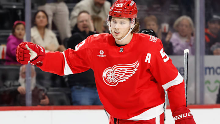 Nov 13, 2025; Detroit, Michigan, USA;  Detroit Red Wings defenseman Moritz Seider (53) celebrates after scoring in the second period against the Anaheim Ducks at Little Caesars Arena. Mandatory Credit: Rick Osentoski-Imagn Images