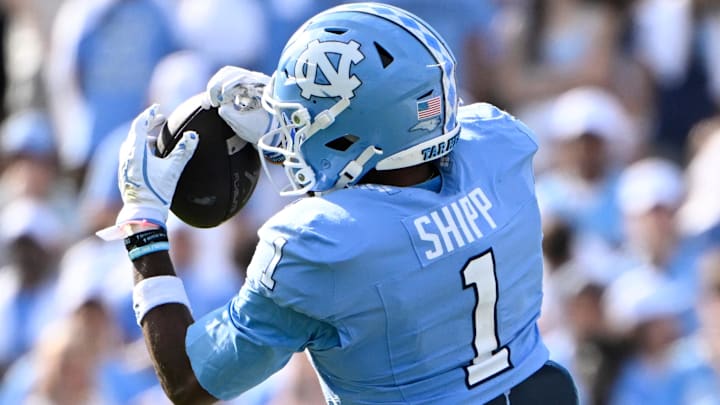 Sep 13, 2025; Chapel Hill, North Carolina, USA; North Carolina Tar Heels wide receiver Jordan Shipp (1) makes a catch in the second quarter at Kenan Stadium. Mandatory Credit: Bob Donnan-Imagn Images