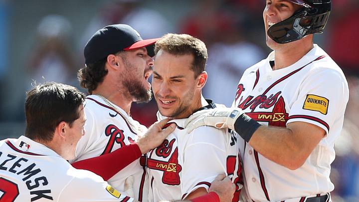 Aug 30, 2026; Cumberland, Georgia, USA;  Atlanta Braves first baseman Matt Olson (28) hits walk-off single against the Colorado Rockies during the tenth inning at Truist Park.  Mandatory Credit: Mady Mertens-Imagn Images