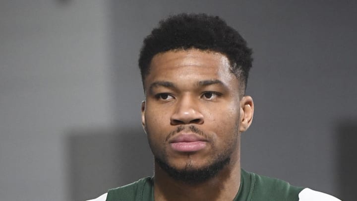 Milwaukee Bucks forward Giannis Antetokounmpo enters the arena before the game against the Charlotte Hornets.