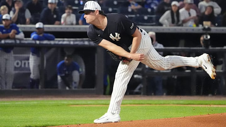Feb 28, 2025; Tampa, Florida, USA; New York Yankees pitcher Gerrit Cole (45) throws a pitch against the Toronto Blue Jays during the first inning at George M. Steinbrenner Field. Feb 28, 2025; Tampa, Florida, USA; New York Yankees pitcher Gerrit Cole (45) throws a pitch against the Toronto Blue Jays during the first inning at George M. Steinbrenner Field.