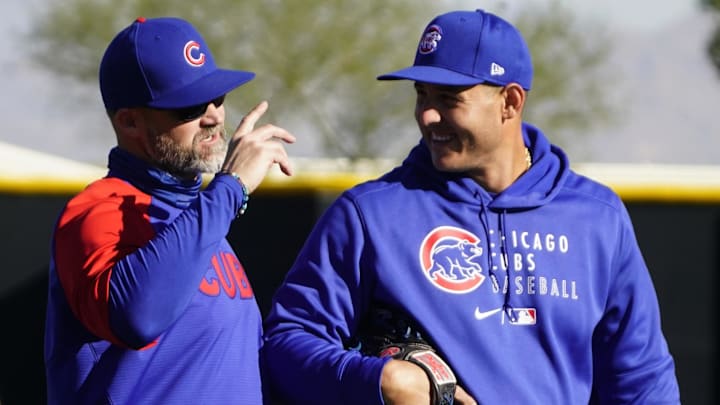 Feb 24, 2021; Mesa, Arizona, USA; Chicago Cubs manager David Ross (3) and first baseman Anthony Rizzo (44) talk during spring training at Sloan Park. Mandatory Credit: Rick Scuteri-Imagn Images Feb 24, 2021; Mesa, Arizona, USA; Chicago Cubs manager David Ross (3) and first baseman Anthony Rizzo (44) talk during spring training at Sloan Park. Mandatory Credit: Rick Scuteri-Imagn Images