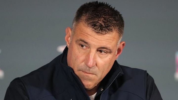 Feb 5, 2026; Santa Clara, CA, USA; New England Patriots head coach Mike Vrabel talks to media members at the Santa Clara Marriott. Mandatory Credit: Darren Yamashita-Imagn Images