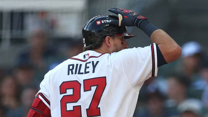 Sep 30, 2026; Cumberland, Georgia, USA;  Atlanta Braves third baseman Austin Riley (27) challenges a call in the eighth inning against the Philadelphia Phillies during game two of the Wildcard round for the 2026 MLB Playoffs at Truist Park.  Mandatory Credit: Brett Davis-Imagn Images