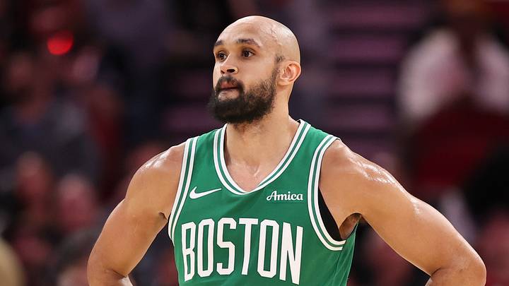 Feb 4, 2026; Houston, Texas, USA; Boston Celtics guard Derrick White (9) reacts after a play during the third quarter against the Houston Rockets at Toyota Center. Mandatory Credit: Troy Taormina-Imagn Images
