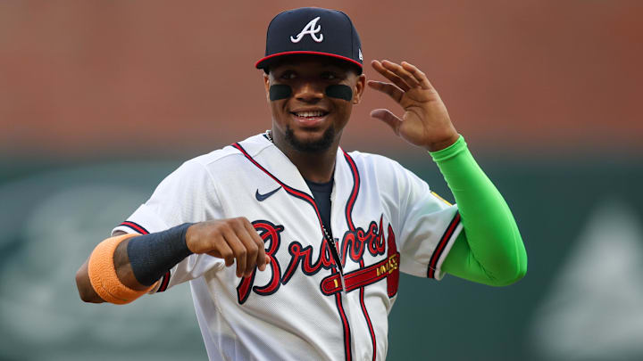 Mar 27, 2026; Atlanta, Georgia, USA; Atlanta Braves right fielder Ronald Acuna Jr. (13) warms up before a game against the Kansas City Royals at Truist Park. Mandatory Credit: Brett Davis-Imagn Images
