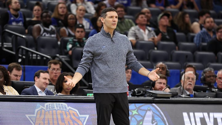 Oklahoma City Thunder head coach Mark Daigneault reacts after a play against the Orlando Magic in the fourth quarter at Kia Center.