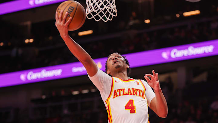 Former Atlanta Hawks guard Kobe Bufkin (4) shoots against the New Orleans Pelicans in the second quarter at State Farm Arena. 