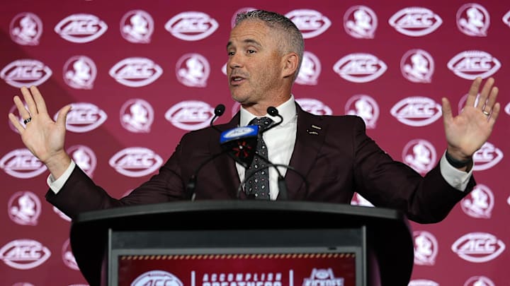 Jul 23, 2025; Charlotte, NC, USA; aFlorida State head coach Mike Norvell answers questions from the media during ACC Media days at Hilton Charlotte Uptown. Mandatory Credit: Jim Dedmon-Imagn Images Jul 23, 2025; Charlotte, NC, USA; aFlorida State head coach Mike Norvell answers questions from the media during ACC Media days at Hilton Charlotte Uptown. Mandatory Credit: Jim Dedmon-Imagn Images
