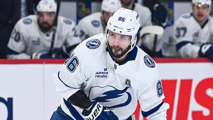 Apr 26, 2026; Montreal, Quebec, CAN; Tampa Bay Lightning right wing Nikita Kucherov (86) plays the puck against the Montreal Canadiens during the second period in game four of the first round of the 2026 Stanley Cup Playoffs at Bell Centre. Mandatory Credit: David Kirouac-Imagn Images