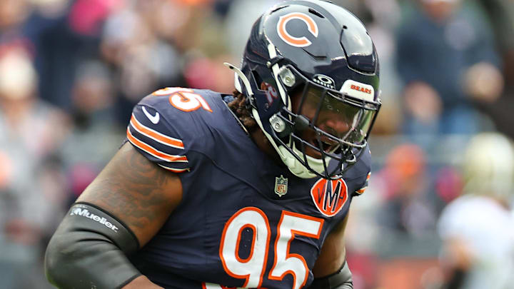 Oct 19, 2025; Chicago, Illinois, USA; Chicago Bears defensive tackle Shemar Turner (95) reacts against the New Orleans Saints during the second half at Soldier Field.
