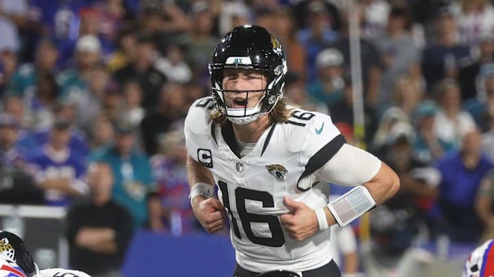 Jacksonville Jaguars quarterback Trevor Lawrence calls out a play during second half action at Highmark Stadium in Orchard Park on Sept. 23, 2024. Jacksonville Jaguars quarterback Trevor Lawrence calls out a play during second half action at Highmark Stadium in Orchard Park on Sept. 23, 2024.