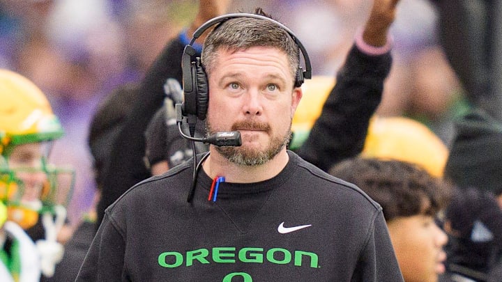 Oregon head coach Dan Lanning walks the sideline as the Oregon Ducks take on the Washington Huskies on Nov. 29, 2025, at Husky Stadium in Seattle, Washington. Oregon head coach Dan Lanning walks the sideline as the Oregon Ducks take on the Washington Huskies on Nov. 29, 2025, at Husky Stadium in Seattle, Washington.