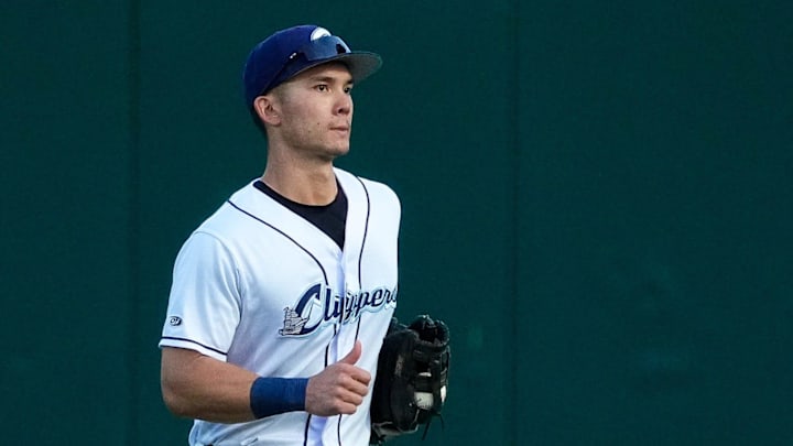 Columbus Clippers Stuart Fairchild (7) runs to the dugout during the home opener against the Indianapolis Indians at Huntington Park on Tuesday, March 31, 2026 in Columbus, Ohio.
