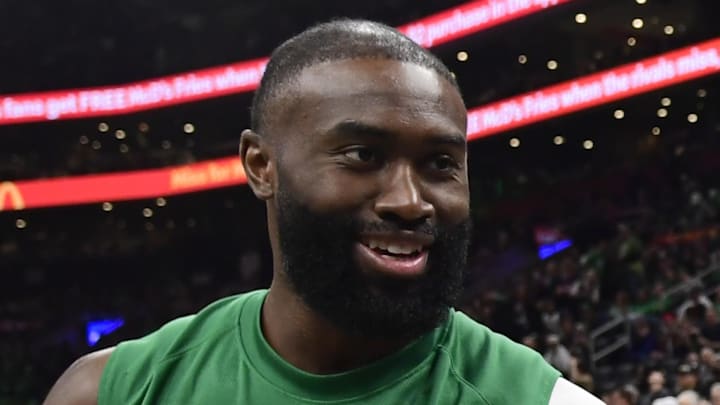 Mar 22, 2026; Boston, Massachusetts, USA;  Boston Celtics guard Jaylen Brown (7) and former Celtics Paul Pierce talk before a game against the Minnesota Timberwolves at TD Garden. Mandatory Credit: Bob DeChiara-Imagn Images