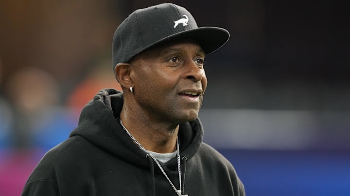 Mar 2, 2024; Indianapolis, IN, USA; NFL Hall of Fame player Jerry Rice during the 2024 NFL Combine at Lucas Oil Stadium. Mandatory Credit: Kirby Lee-Imagn Images