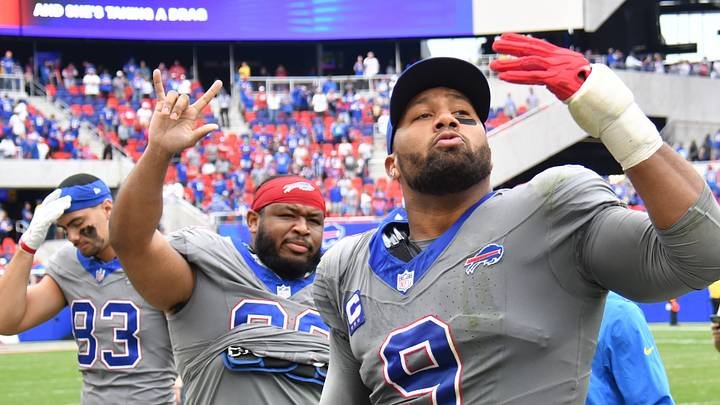Sep 27, 2026; Orchard Park, New York, USA;  Buffalo Bills linebacker Bradley Chubb (9) and defensive back Te'cory Couch (33) react after the game against the Los Angeles Chargers at New Highmark Stadium.  Mandatory Credit: Mark Konezny-Imagn Images