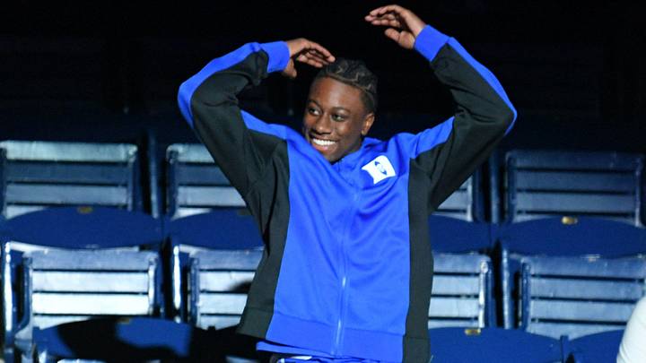 Oct 3, 2026; Durham, NC, USA;  Duke Blue Devils guard John Blackwell (13) smiles during the Countdown to Craziness at Cameron Indoor Stadium.  Mandatory Credit: Zachary Taft-Imagn Images