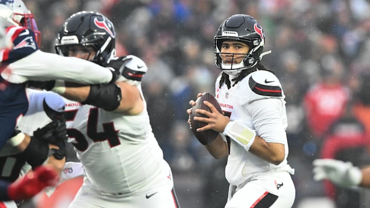 Jan 18, 2026; Foxborough, MA, USA; Houston Texans quarterback C.J. Stroud (7) looks to throw in the first quarter against the New England Patriots in an AFC Divisional Round game at Gillette Stadium. Mandatory Credit: Brian Fluharty-Imagn Images