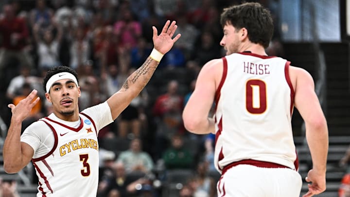 Mar 22, 2026; St. Louis, MO, USA; Iowa State Cyclones guard Tamin Lipsey (3) celebrates after making a play during the second half against the Kentucky Wildcats during a second round game of the men's 2026 NCAA Tournament at Enterprise Center.
