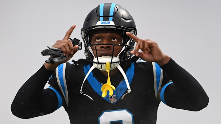 Dec 17, 2023; Charlotte, North Carolina, USA; Carolina Panthers cornerback Jaycee Horn (8) is introduced before the game at Bank of America Stadium. Mandatory Credit: Bob Donnan-Imagn Images