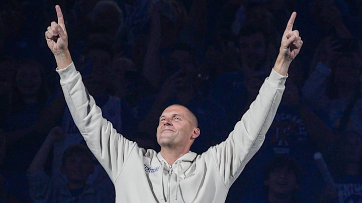 Kentucky Wildcats head coach Mark Pope being introduced at the 2025 Big Blue Madness at Rupp Arena in Lexington, Kentucky Saturday, Oct. 11, 2025.