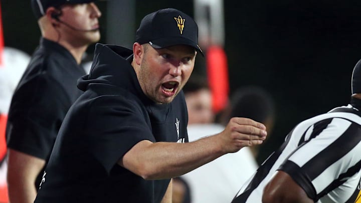 Arizona State Sun Devils head coach Kenny Dillingham reacts toward an official during the second quarter against the Mississippi State Bulldogs at Davis Wade Stadium at Scott Field. Arizona State Sun Devils head coach Kenny Dillingham reacts toward an official during the second quarter against the Mississippi State Bulldogs at Davis Wade Stadium at Scott Field.