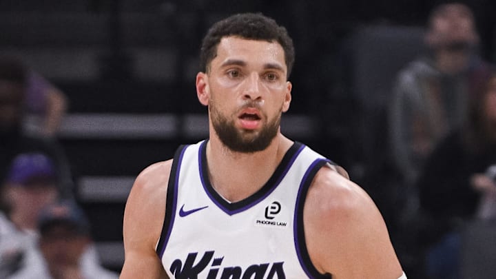 Jan 21, 2026; Sacramento, California, USA; Sacramento Kings guard Zach LaVine (8) pushes the ball up the court during the first quarter of the game against the Toronto Raptors at Golden 1 Center. Mandatory Credit: Ed Szczepanski-Imagn Images