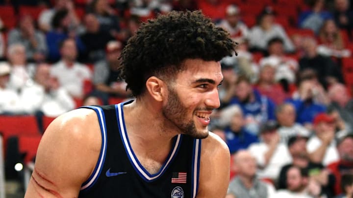 Mar 2, 2026; Raleigh, North Carolina, USA;  Duke Blue Devils forward Cameron Boozer (12) reacts during the second half against the NC State Wolfpack at Lenovo Center. Mandatory Credit: Zachary Taft-Imagn Images