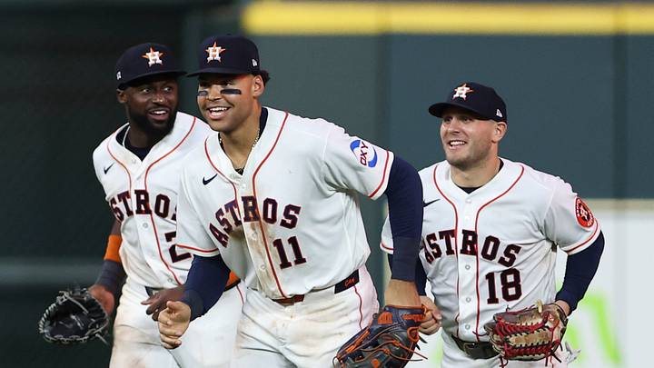Houston Astros left fielder Taylor Trammell (26) and right fielder Cam Smith and center fielder Daulton Varsho jog off the field after the game against the Toronto Blue Jays at Daikin Park. Mandatory Credit: Troy Taormina-Imagn Images Houston Astros left fielder Taylor Trammell (26) and right fielder Cam Smith and center fielder Daulton Varsho jog off the field after the game against the Toronto Blue Jays at Daikin Park. Mandatory Credit: Troy Taormina-Imagn Images