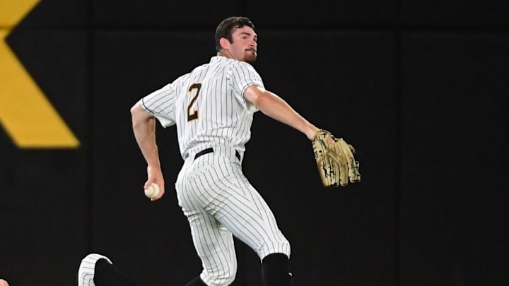 Southern Miss Golden Eagles outfielder Jake Cook (2) makes a play against the Columbia Lions during a 2025 NCAA Hattiesburg Regional game at Pete Taylor Park in Hattiesburg, Mississippi, on May 30, 2025.