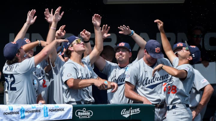 the Auburn Tigers dugout against Coastal Carolina during game two of the NCAA Baseball Super Regonal at Plainsman Park in Auburn, Ala., on Friday June 6, 2025. the Auburn Tigers dugout against Coastal Carolina during game two of the NCAA Baseball Super Regonal at Plainsman Park in Auburn, Ala., on Friday June 6, 2025.