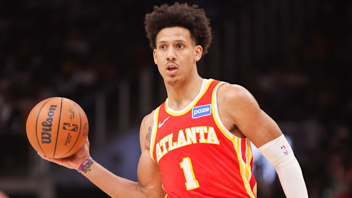 Mar 14, 2026; Atlanta, Georgia, USA; Atlanta Hawks forward Jalen Johnson (1) passes the ball against the Milwaukee Bucks in the third quarter at State Farm Arena. Mandatory Credit: Brett Davis-Imagn Images