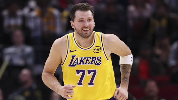 Mar 16, 2026; Houston, Texas, USA; Los Angeles Lakers guard Luka Doncic (77) reacts after scoring a basket during the first quarter against the Houston Rockets at Toyota Center. Mandatory Credit: Troy Taormina-Imagn Images