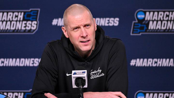Mar 19, 2026; St. Louis, MO, USA; Kentucky Wildcats head coach Mark Pope talks with the media during a practice session ahead of the first round of the men's 2026 NCAA Tournament at Enterprise Center. Mandatory Credit: Jeff Curry-Imagn Images