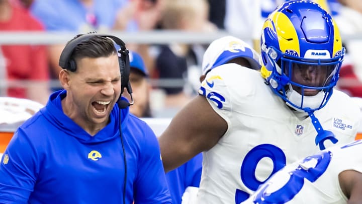 Nov 26, 2023; Glendale, Arizona, USA; Los Angeles Rams pass game coordinator Chris Shula against the Arizona Cardinals at State Farm Stadium. Mandatory Credit: Mark J. Rebilas-Imagn Images