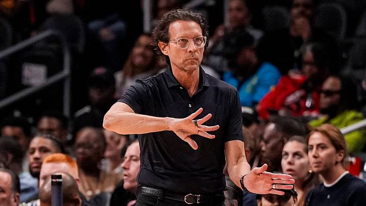 Atlanta Hawks Head Coach Quin Snyder reacts during the game against the Philadelphia 76ers during the first half at State Farm Arena on March 7, 2026