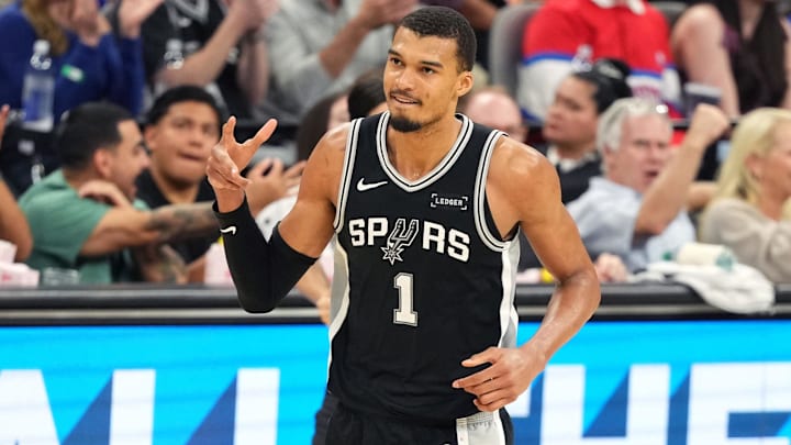Mar 5, 2026; San Antonio, Texas, USA; San Antonio Spurs forward forward Victor Wembanyama (1) reacts after scoring a three point basket during the second half against the Detroit Pistons at Frost Bank Center. Mandatory Credit: Scott Wachter-Imagn Images