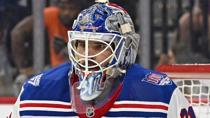 Mar 9, 2026; Philadelphia, Pennsylvania, USA; New York Rangers goaltender Igor Shesterkin (31) against the Philadelphia Flyers at Xfinity Mobile Arena. Mandatory Credit: Eric Hartline-Imagn Images