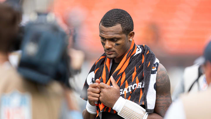 Sep 22, 2024; Cleveland, Ohio, USA; Cleveland Browns quarterback Deshaun Watson (4) after the game against the New York Giants at Huntington Bank Field. Mandatory Credit: Scott Galvin-Imagn Images