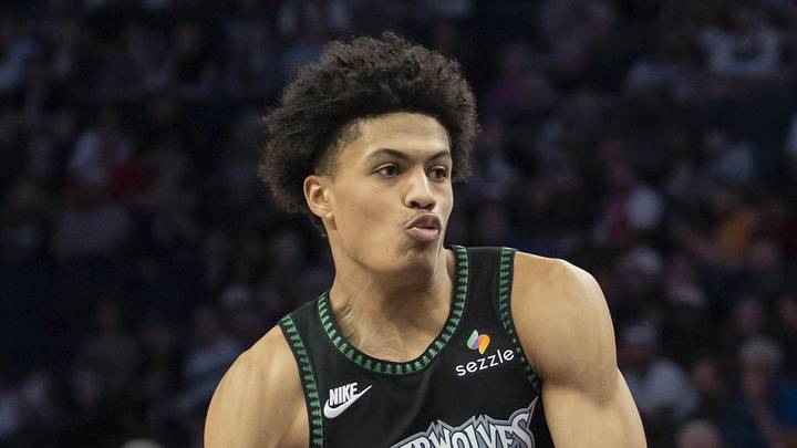 Apr 12, 2026; Minneapolis, Minnesota, USA; Minnesota Timberwolves forward Joan Beringer (19) dribbles the ball against the New Orleans Pelicans in the second half at Target Center. Mandatory Credit: Jesse Johnson-Imagn Images