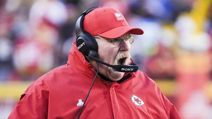 Dec 14, 2025; Kansas City, Missouri, USA; Kansas City Chiefs head coach Andy Reid reacts to a play against the Los Angeles Chargers during the third quarter at GEHA Field at Arrowhead Stadium. Mandatory Credit: Denny Medley-Imagn Images Dec 14, 2025; Kansas City, Missouri, USA; Kansas City Chiefs head coach Andy Reid reacts to a play against the Los Angeles Chargers during the third quarter at GEHA Field at Arrowhead Stadium. Mandatory Credit: Denny Medley-Imagn Images