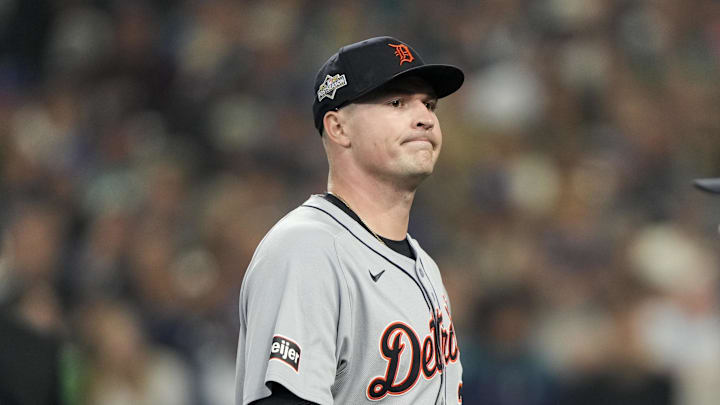 Detroit Tigers starting pitcher Tarik Skubal (29) walks off the field on October 10, 2025