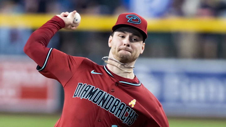 Sep 7, 2025; Phoenix, Arizona, USA; Arizona Diamondbacks pitcher Ryne Nelson against the Boston Red Sox at Chase Field. Mandatory Credit: Mark J. Rebilas-Imagn Images