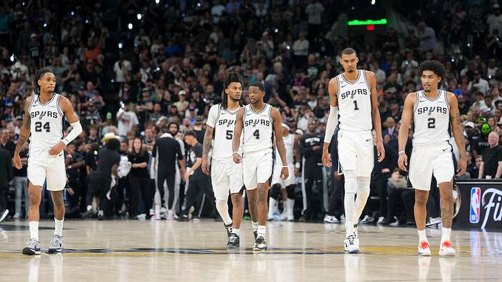 Jun 5, 2026; San Antonio, Texas, USA; San Antonio Spurs guard Devin Vassell (24) and guard Stephon Castle (5) and guard De'Aaron Fox (4) and forward Victor Wembanyama (1) and guard Dylan Harper (2) walk back on the court in the fourth quarter during Game 2 of the 2026 NBA Finals at Frost Bank Center. Jun 5, 2026; San Antonio, Texas, USA; San Antonio Spurs guard Devin Vassell (24) and guard Stephon Castle (5) and guard De'Aaron Fox (4) and forward Victor Wembanyama (1) and guard Dylan Harper (2) walk back on the court in the fourth quarter during Game 2 of the 2026 NBA Finals at Frost Bank Center.