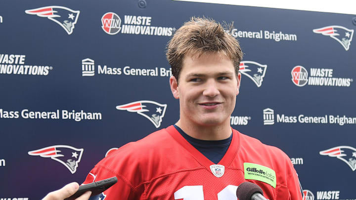 May 11, 2024; Foxborough, MA, USA; New England Patriots quarterback Drake Maye (10) speaks to the media after practice at the New England Patriots rookie camp at Gillette Stadium. 