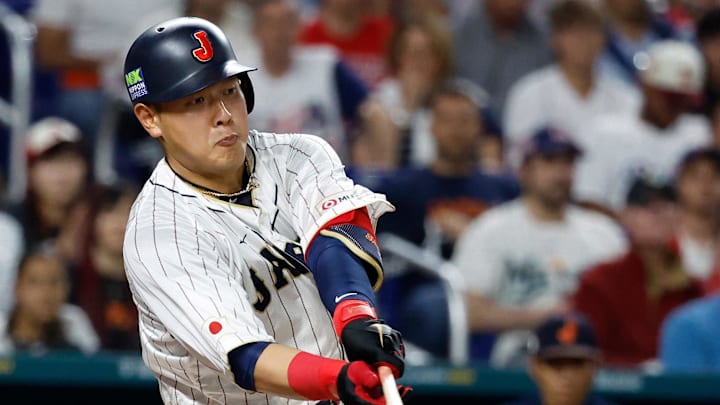 Mar 21, 2023; Miami, Florida, USA; Japan first baseman Kazuma Okamoto (25) bats against the USA in the sixth inning at LoanDepot Park. Mandatory Credit: Rhona Wise-Imagn Images Mar 21, 2023; Miami, Florida, USA; Japan first baseman Kazuma Okamoto (25) bats against the USA in the sixth inning at LoanDepot Park. Mandatory Credit: Rhona Wise-Imagn Images